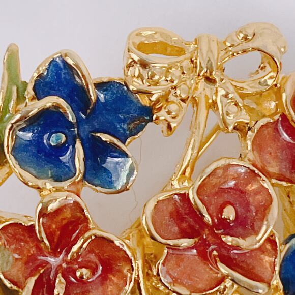 Vintage 60s Brooch Enamel Flower Basket Mid Century Jewelry Gold Tone Garden Pin - Picture 4 of 8